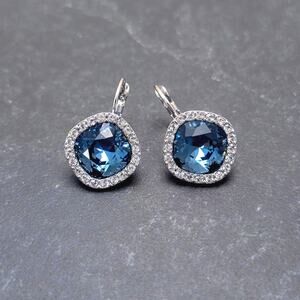 Stunning Blue and Clear Gem Regal Vintage Leverback Earrings Dangle Stamped M